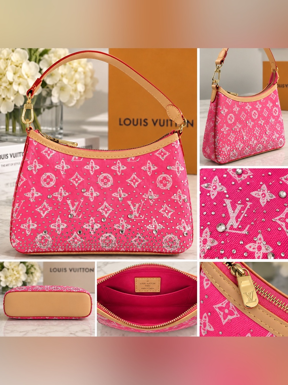 & Other Stories Hot Pink Crystal-Embellished Shoulder Bag with Tan Trim